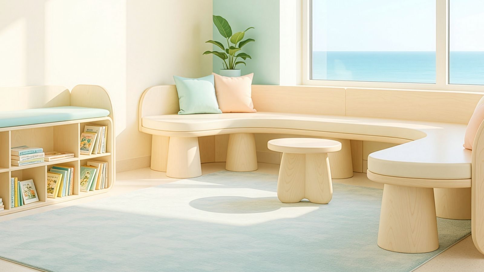 A bright waiting room with a children's reading nook and a large window (concept image)