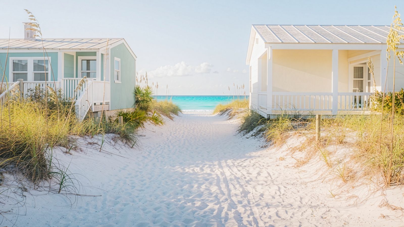 A sandy path between pastel beach cottages and sea oats, leading down to the water