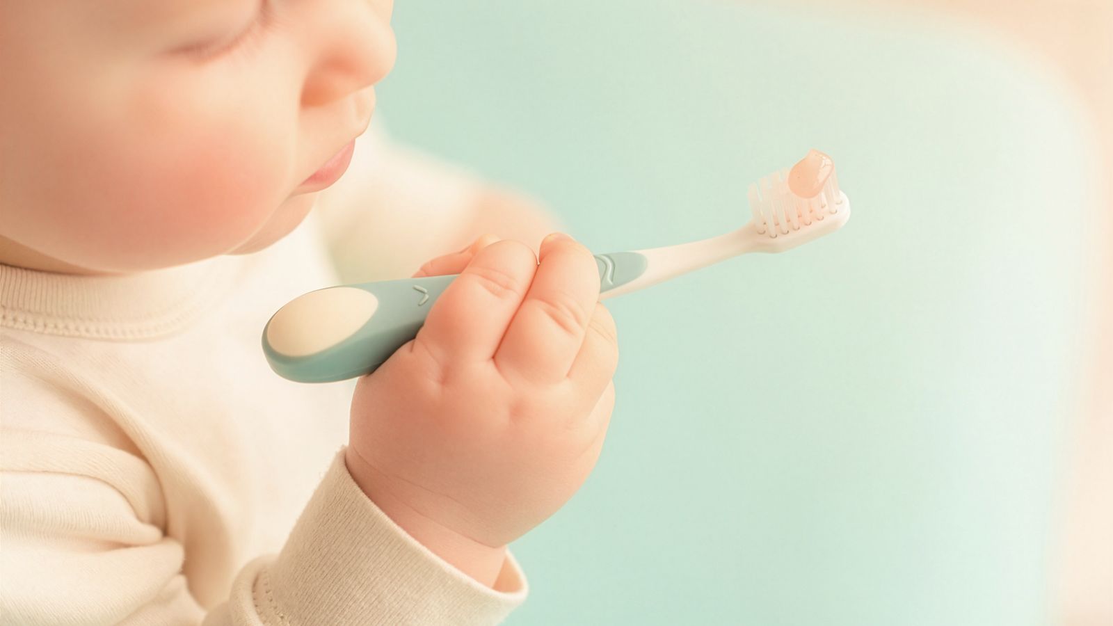 A toddler's hand holding a small toothbrush with a dot of toothpaste