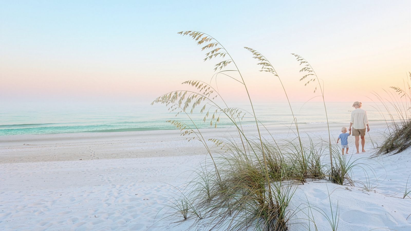 Sea oats and white sand at sunrise, with an adult and a small child walking far off by the water