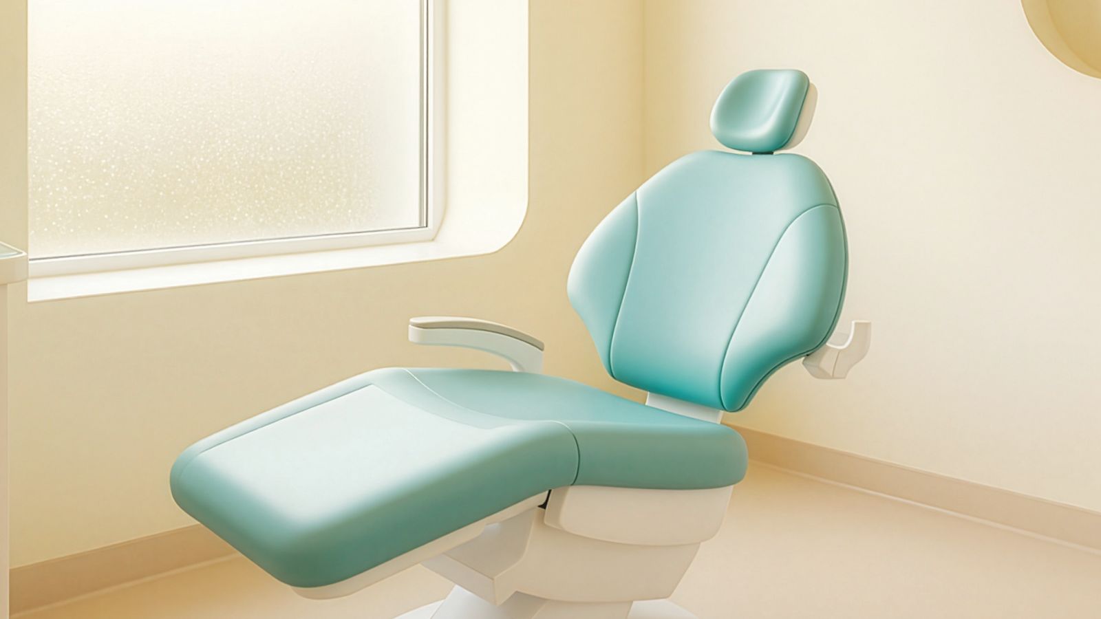 A calm treatment room with one teal dental chair by a large window (concept image)